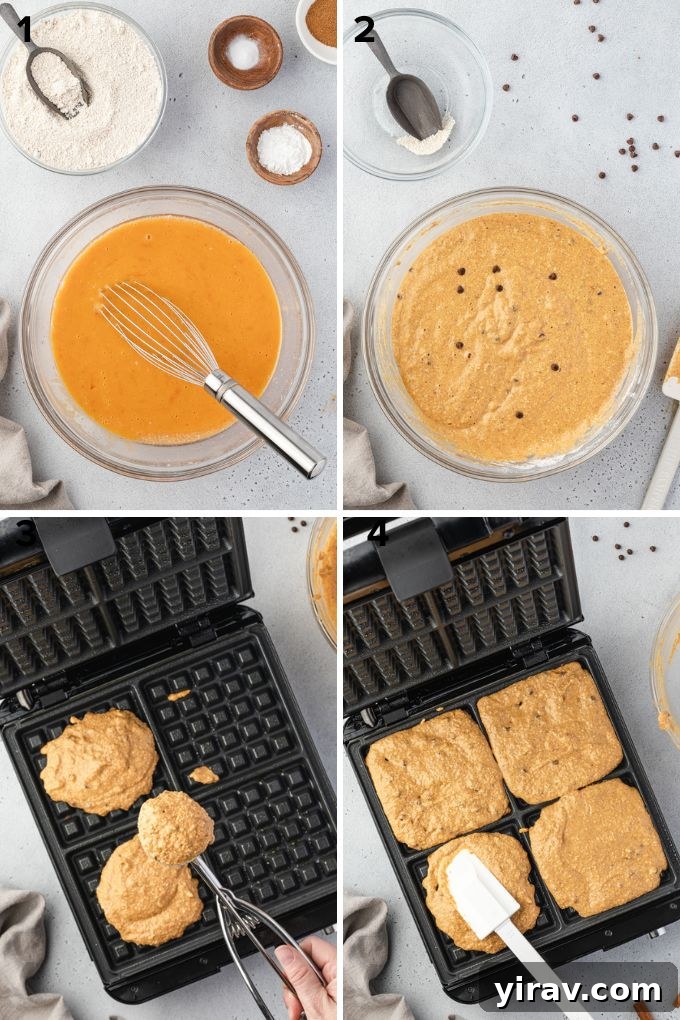 A photo collage demonstrating the four easy steps to make pumpkin waffles: whisking wet ingredients, adding dry ingredients, pouring batter into a waffle iron, and cooking.