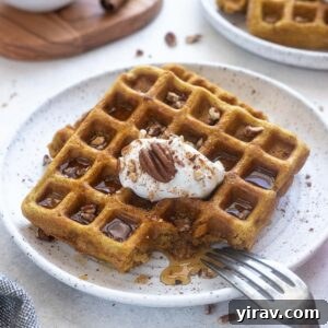 Pumpkin spice waffles on a plate with pecans and maple syrup.