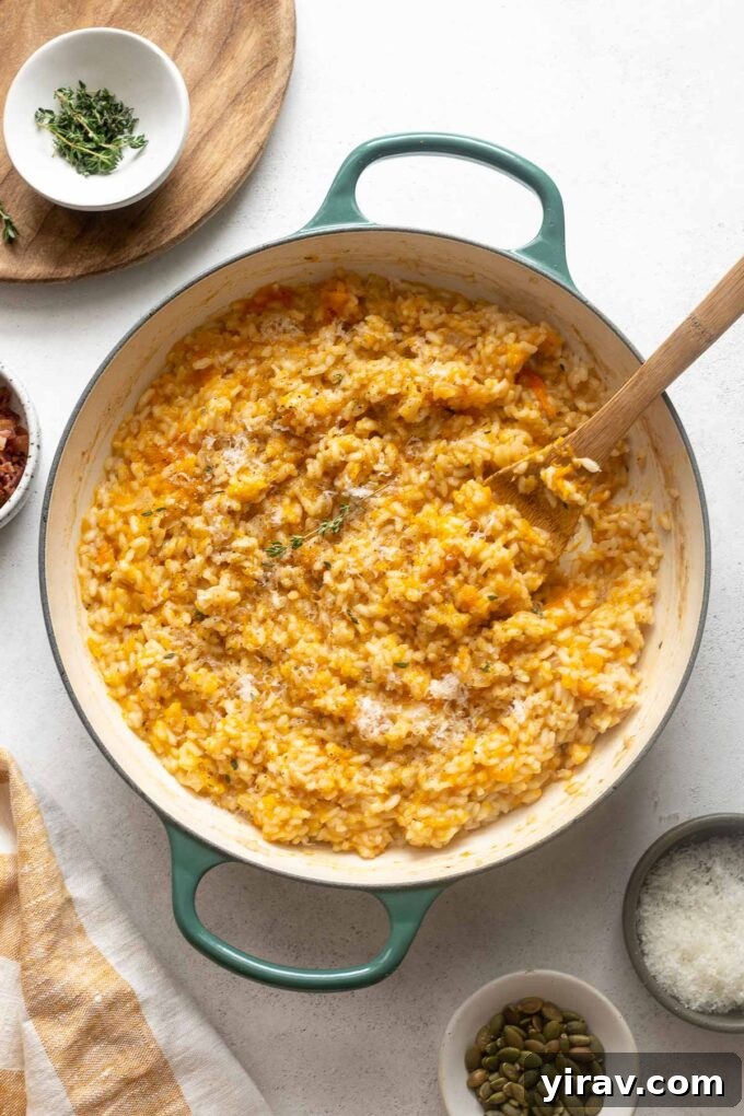 Velvety Pumpkin Risotto 3 Pumpkin risotto simmering in a dutch oven, garnished with a sprig of thyme.
