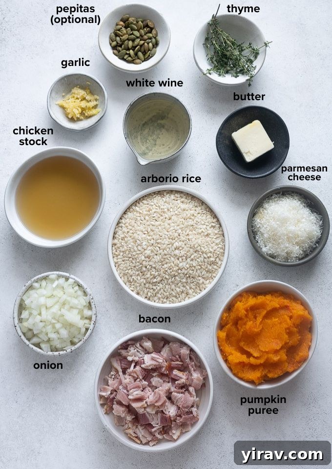 Velvety Pumpkin Risotto 4 A selection of fresh ingredients for pumpkin risotto, including pumpkin, rice, bacon, and herbs.