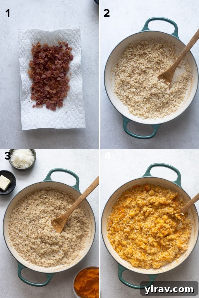 Velvety Pumpkin Risotto 5 Step-by-step image showcasing how to make pumpkin risotto, with ingredients being added to a pan.