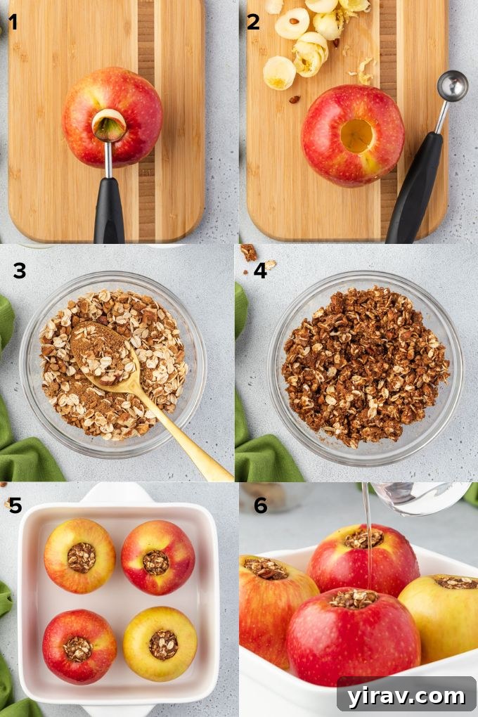 Baked Apple Bliss 5 A visual guide showing the process of coring an apple and filling it with streusel for baking.