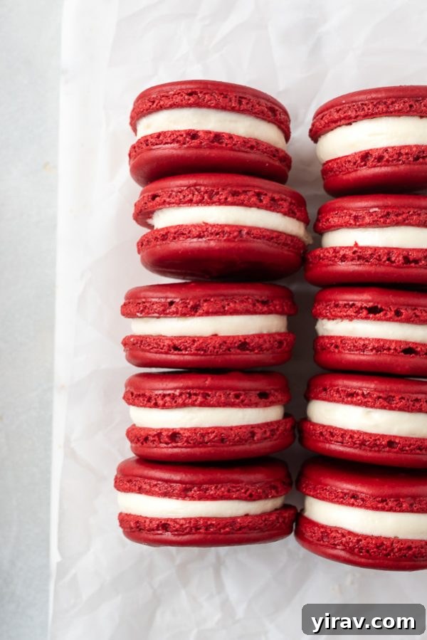 overhead shot of red velvet macarons lined up