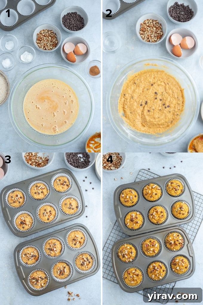 Photo collage showing the mixing steps to make pumpkin oat muffins, from wet ingredients to final batter.