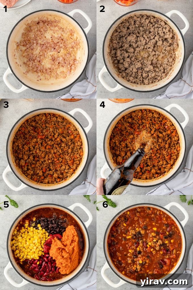 A step-by-step image showing ground turkey being browned in a large Dutch oven with onions, the initial stage of making pumpkin chili.
