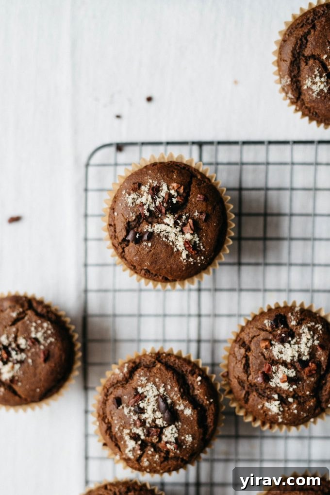 Overhead view of chocolate kabocha muffins on a wire rack.