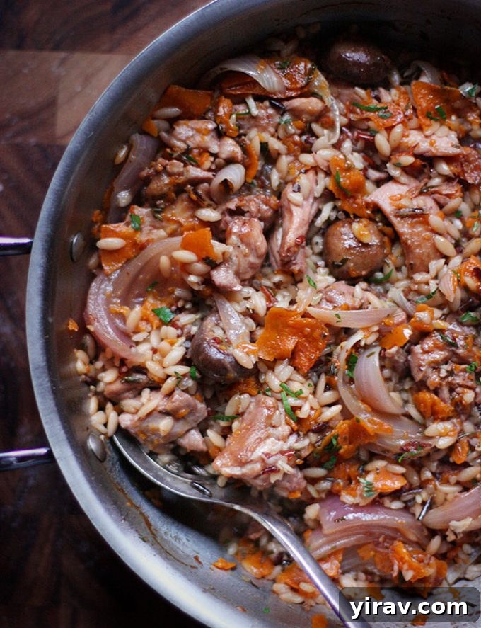 Chicken and wild rice in a skillet. A spoon rests on the edge of the skillet.