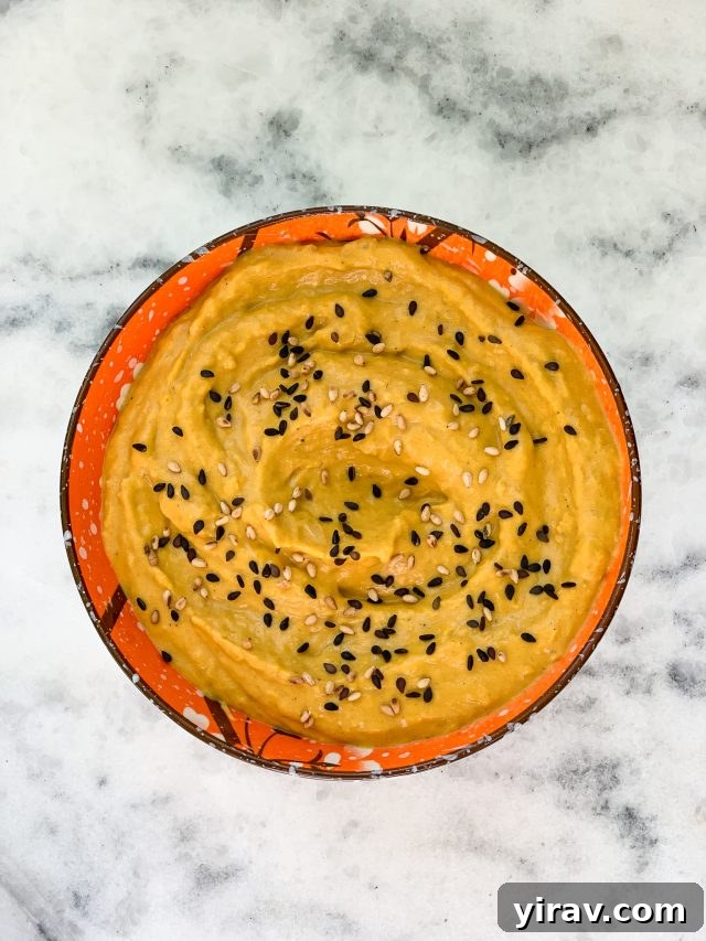 Overhead view of a dish of kabocha squash dip.
