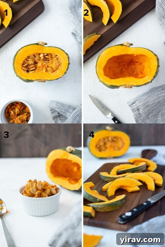 Step-by-step collage showing how to cut kabocha squash into wedges