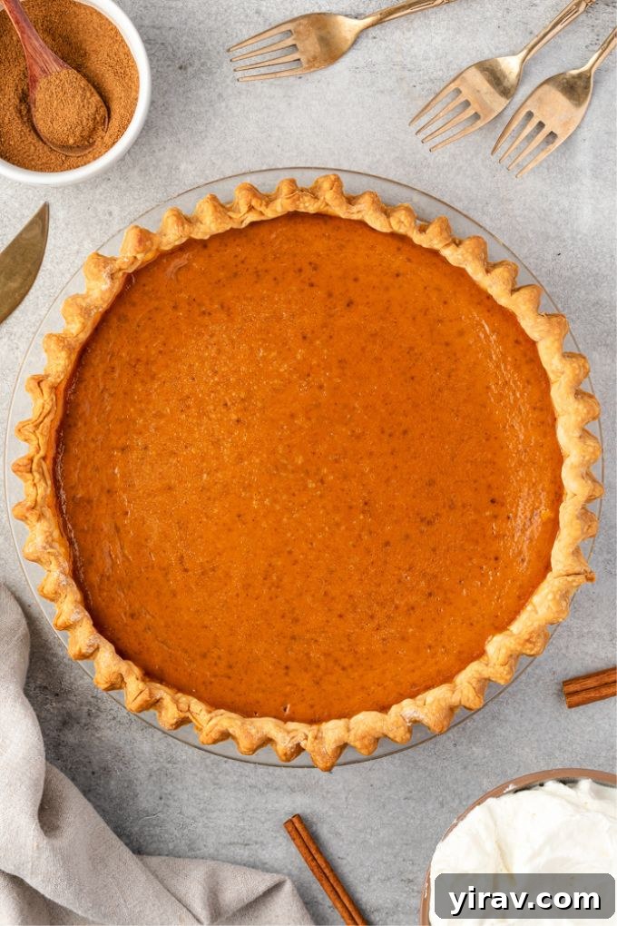 Perfect Homemade Pumpkin Pie 6 Golden-brown pumpkin pie with evaporated milk, fresh from the oven, showing a perfectly set center