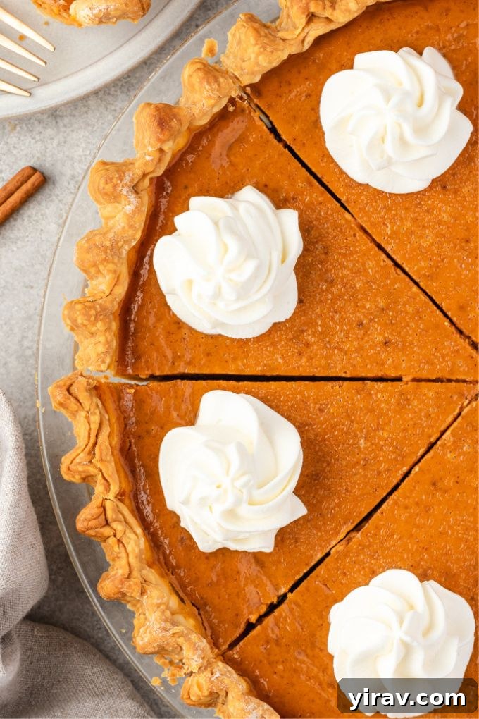 Perfect Homemade Pumpkin Pie 7 Homemade pumpkin pie sliced in pan with generous amounts of whipped cream, ready to serve