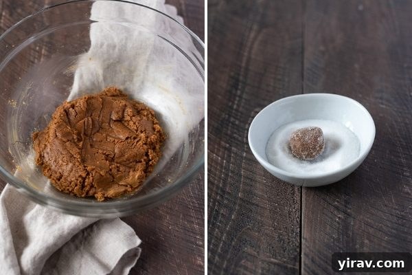 Collage showing steps for making gluten-free peanut butter blossoms: mixing dough, rolling into balls, coating in sugar.