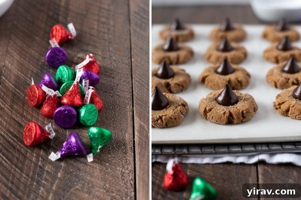 Collage showing gluten-free peanut butter blossoms with chocolate kisses pressed into them