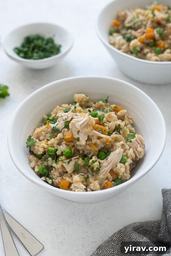 A serving of Instant Pot Chicken and Rice in a white bowl, garnished with fresh parsley.