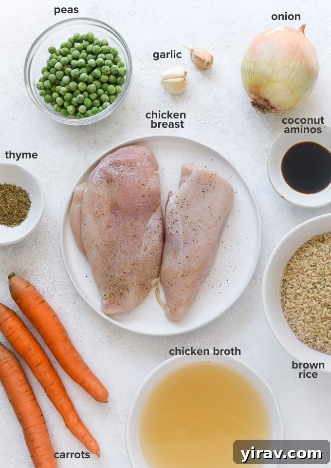 An array of fresh ingredients for Instant Pot chicken and rice, including chicken breasts, carrots, onion, garlic, and thyme sprigs.