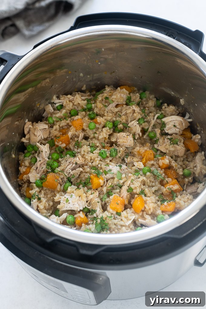 A close-up of tender chicken and fluffy rice mixed with vegetables in an Instant Pot.
