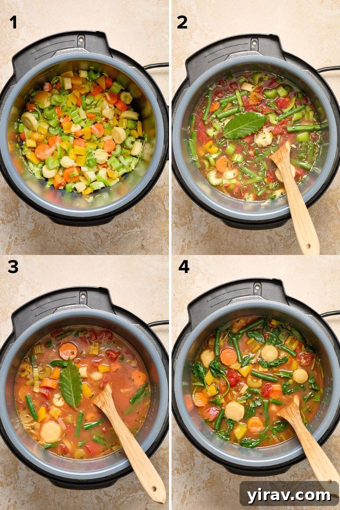 The Instant Pot filled with sautéed vegetables, ready for pressure cooking.