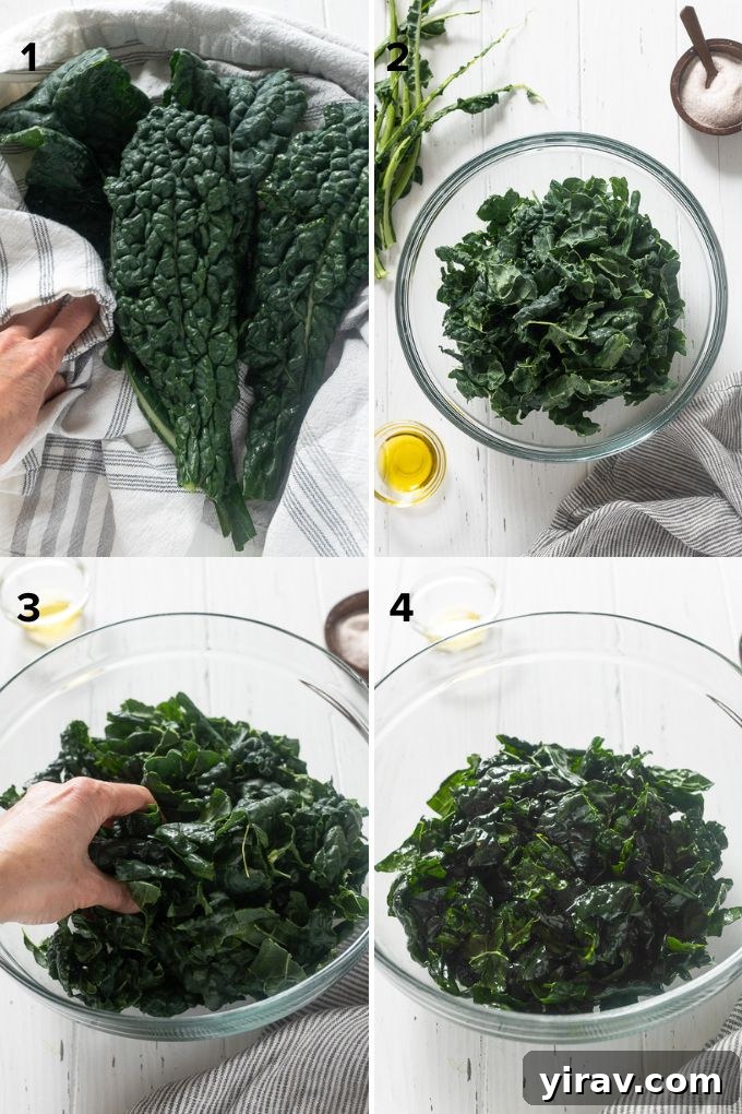 Silky Kale Salad 4 Four step visual guide on how to prepare and massage kale: washing, tearing, adding oil/lemon, and massaging until tender.