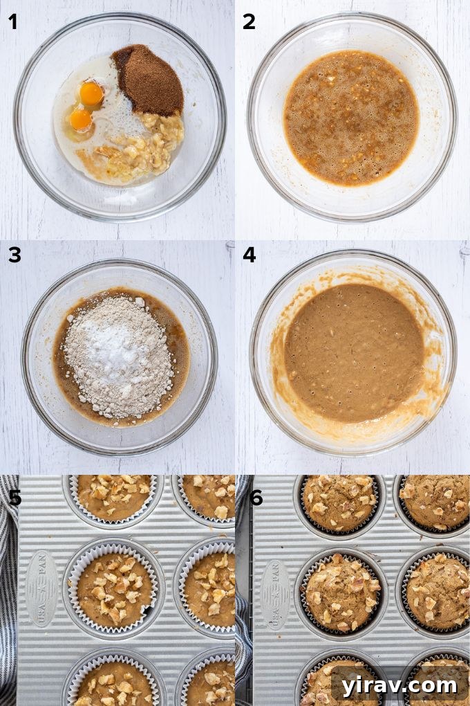 A step-by-step visual guide showing how to prepare healthy banana oatmeal muffins, including mashing bananas, mixing wet ingredients, adding dry ingredients, and combining the batter.