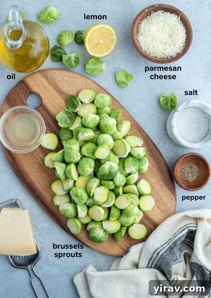 Crispy Air Fryer Brussels Sprouts 4 The essential ingredients for air fryer Brussels sprouts: fresh Brussels sprouts, a bottle of olive oil, a whole lemon, and a block of Parmesan cheese.