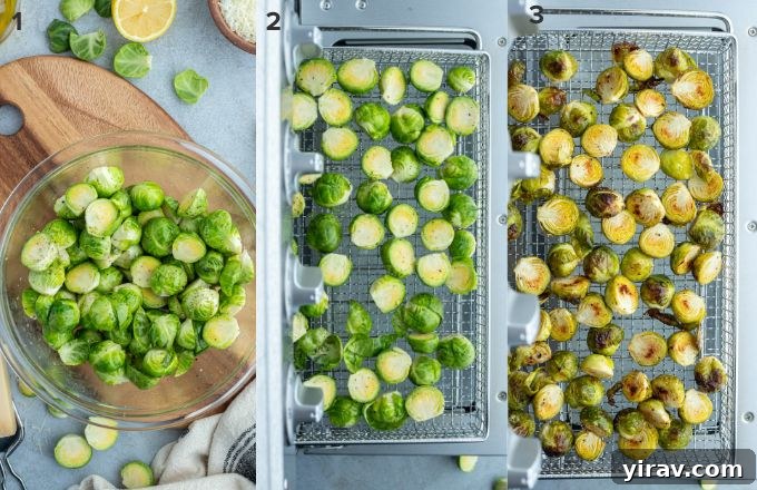 Crispy Air Fryer Brussels Sprouts 5 A four-panel image showing the process of making air fryer Brussels sprouts: 1. Brussels sprouts being halved. 2. Sprouts tossed with oil and seasoning in a bowl. 3. Sprouts placed in an air fryer basket. 4. Crispy sprouts after cooking.
