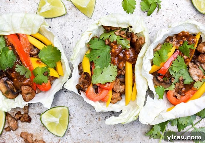 Overhead view of three colorful Thai chicken cabbage wraps, garnished and drizzled with peanut sauce.