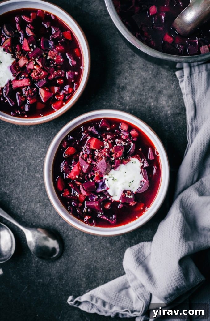 Overhead view of two inviting bowls of Lentil and Winter Vegetable Borscht, ready to be enjoyed.
