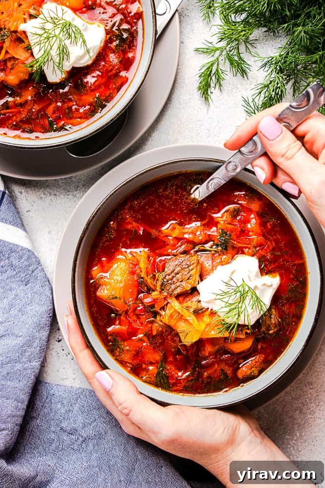 Overhead view of hands gently wrapped around a warm bowl of traditional Borscht Soup, ready for a comforting meal.