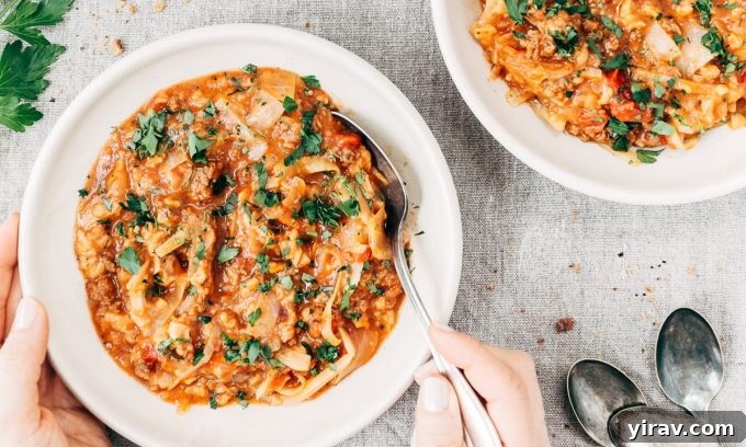 Overhead view of a comforting bowl of one-pot stuffed cabbage soup, with hands cradling the bowl.