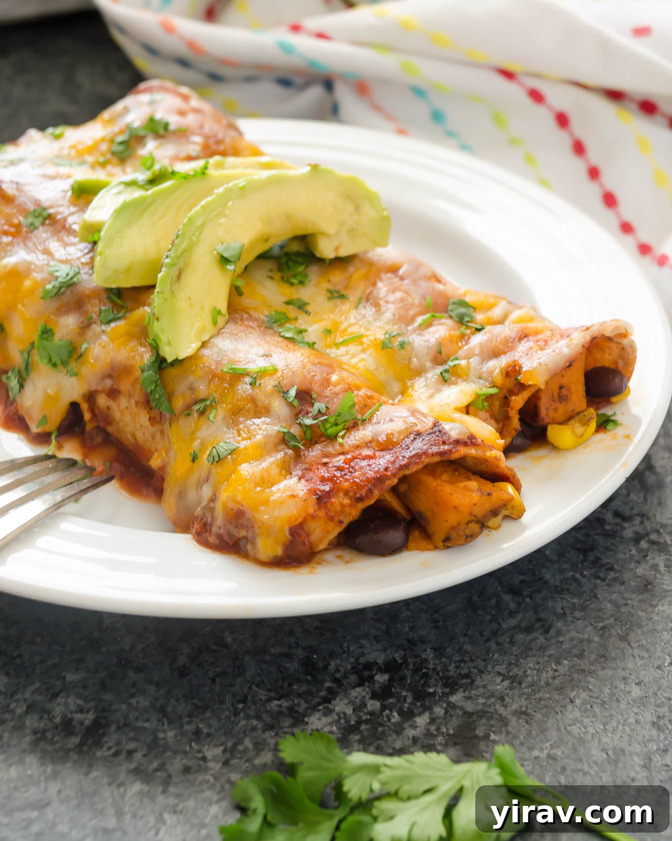 Black Bean Sweet Potato enchiladas on a plate with avocado