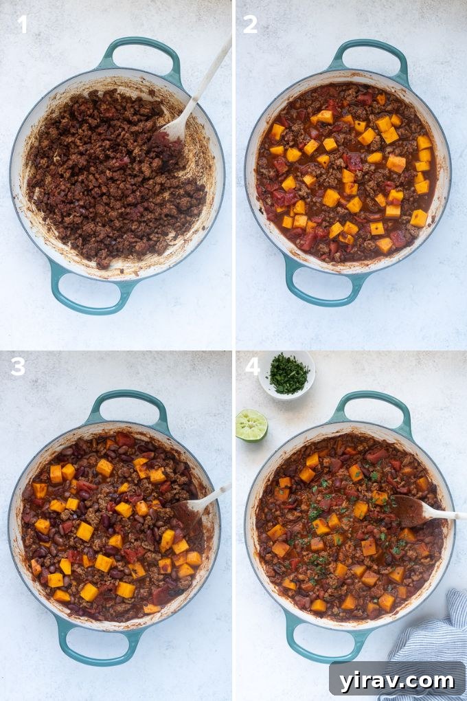 Hearty Butternut Turkey Chili 5 Process shots showing how to cook turkey chili with butternut squash, from browning the meat to simmering the chili.