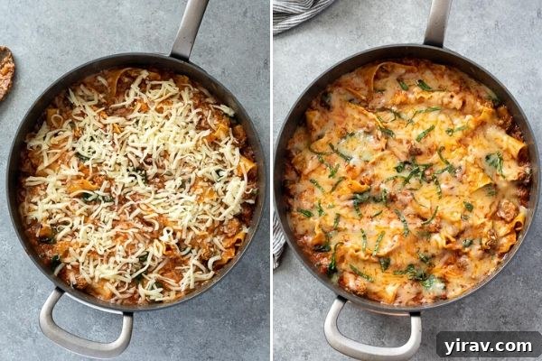 Collage showing the melted cheese on top of the skillet lasagna, ready to serve