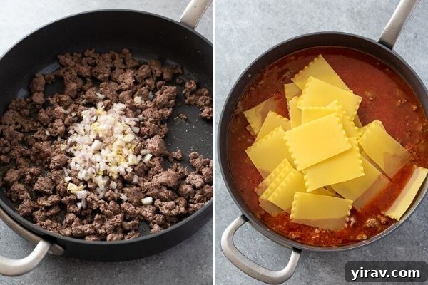Collage of initial steps for skillet lasagna, showing browning meat and sautéing aromatics