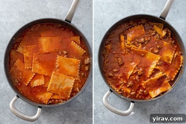 Collage showing the addition of sauce, water, and noodles to the skillet