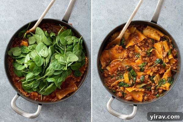 Collage showing wilted spinach and stirring in cheese into the skillet lasagna