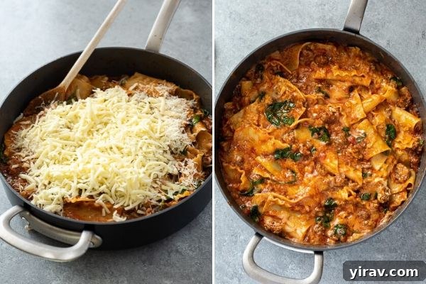 Collage showing the final cheese topping on the skillet lasagna before melting