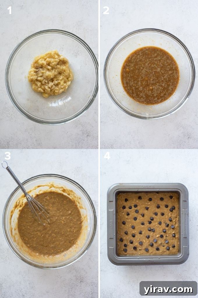 Golden Banana Bites 4 Visual steps illustrating how to combine ingredients for the banana oat cake batter.