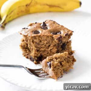 Slice of healthy banana snack cake on a plate.