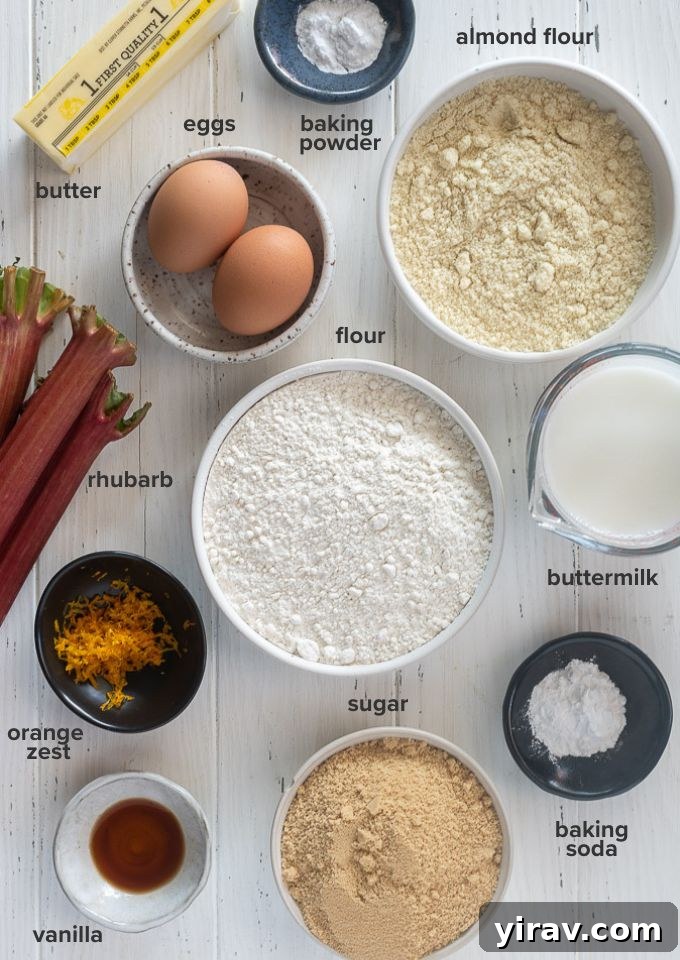 Sweet and Tart Rhubarb Cake 4 Various ingredients for rhubarb cake recipe laid out