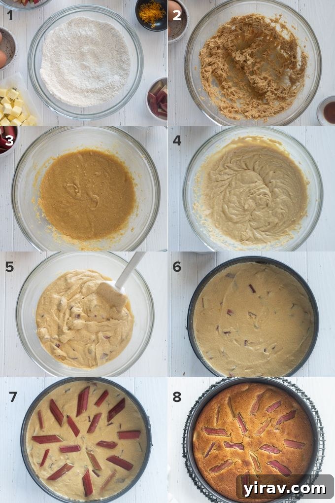 Sweet and Tart Rhubarb Cake 5 Illustrated steps on how to make rhubarb cake