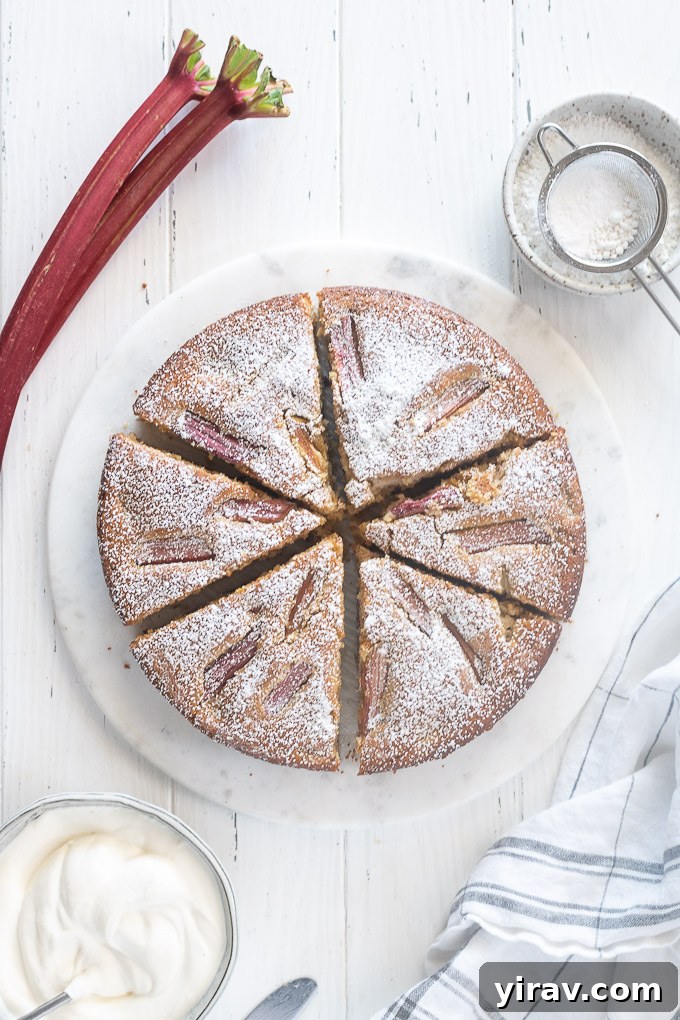 Sweet and Tart Rhubarb Cake 6 A whole rhubarb almond cake, sliced into servings
