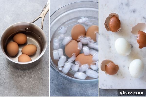 A visual guide showing the steps to perfectly hard boil eggs, from placing them in a pot to the final ice bath.