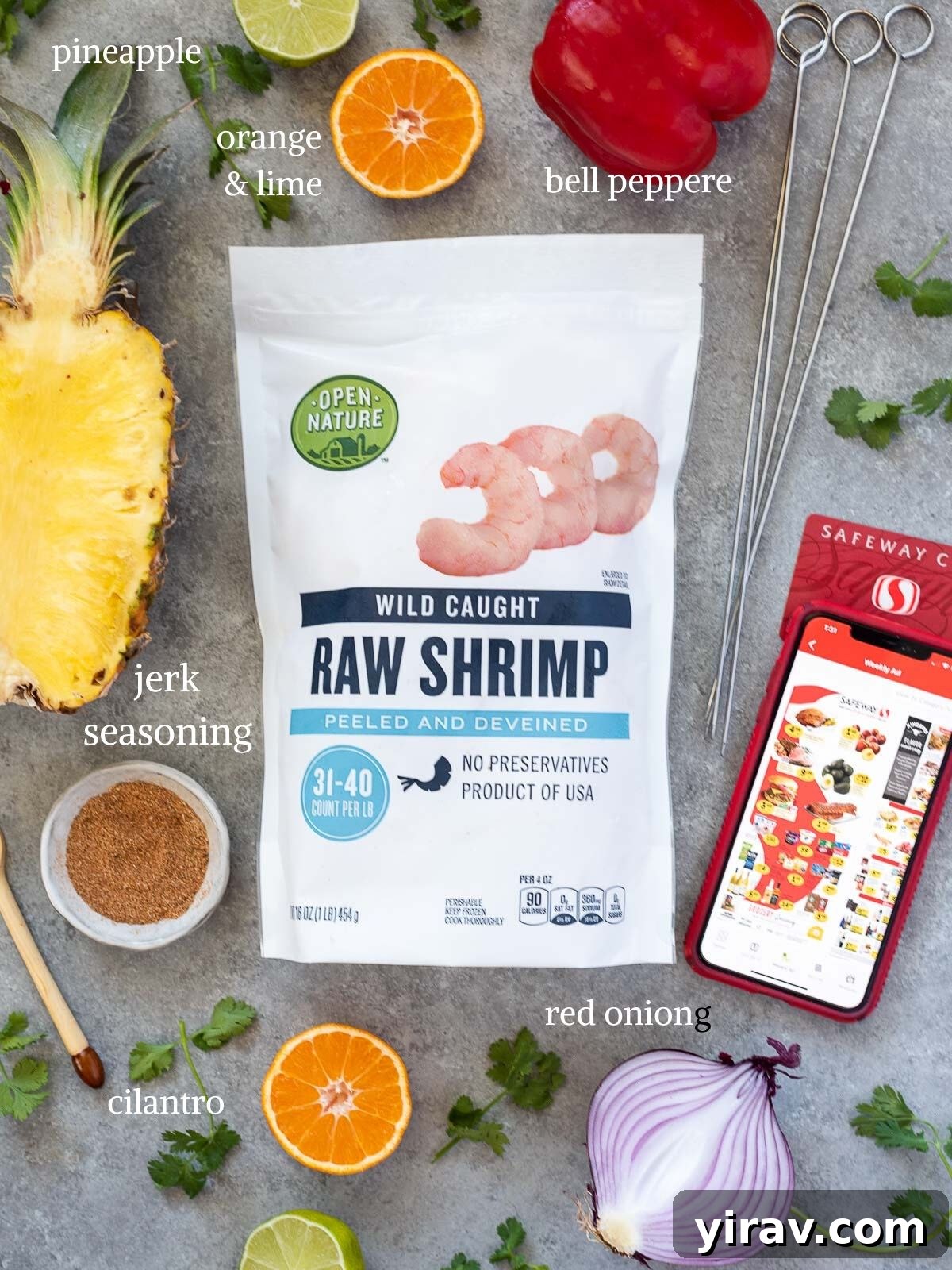A vibrant collage showcasing all the fresh ingredients for Jerk Pineapple Shrimp Skewers: raw shrimp, fresh pineapple chunks, red onion slices, bell pepper, and a bowl of jerk seasoning and citrus.
