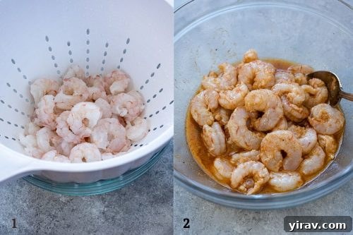 Collage showing thawed shrimp and shrimp marinating in a citrus-jerk mixture.