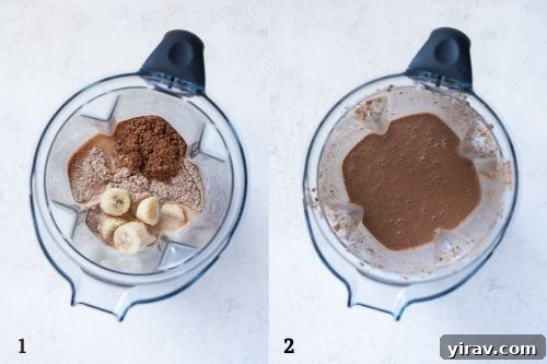 Chocolate banana protein smoothie before and after blending, showing ingredients and the final creamy consistency.