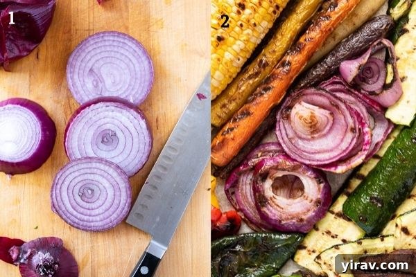 Collage of grilled red onion before and after grilling