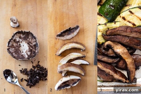 Collage of grilled portobello mushrooms before and after grilling