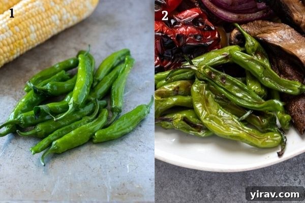 Grilled shishito peppers collage before and after grilling
