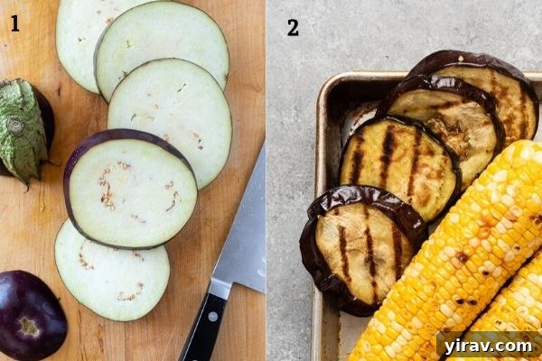 Collage of grilled eggplant before and after grilling