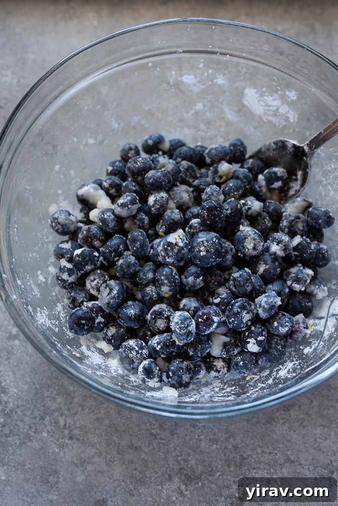 Blueberry filling for blueberry galette in mixing bow.